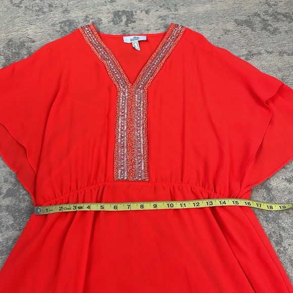 Belle Badgley Mischka Beaded V Neck Boho Chiffon Mini Dress Orange Red Sz 12 - Picture 8 of 13
